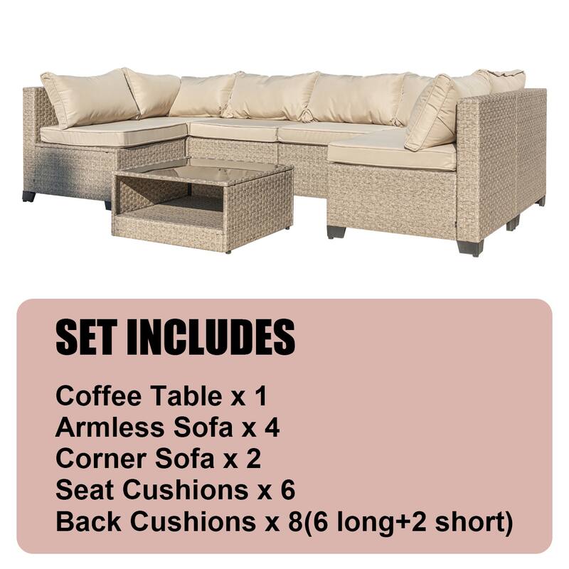 7-Piece Outdoor Wicker Sectional Conversation Set ，Waterproof Thick Cushions ，Coffee Table Included