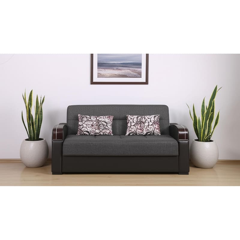 HomeRoots 74" Gray Chenille Convertible Futon Sleeper Sofa And Toss Pillows With Storage - Gray