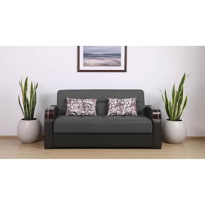 HomeRoots 74" Gray Chenille Convertible Futon Sleeper Sofa And Toss Pillows With Storage