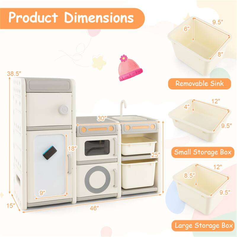 Kids Storage Cabinet with 4 Enclosed Cabinets and Magnetic Whiteboard and Play Sink for Toddlers - 46" x 15" x 38.5"