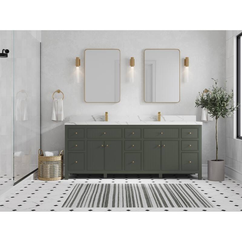 Willow Collections 84 in. W x 22 in. D Sonoma Free Standing Reeded Double Sink Bathroom Vanity with Countertop - 2" Calacatta Laza - Pewter Green