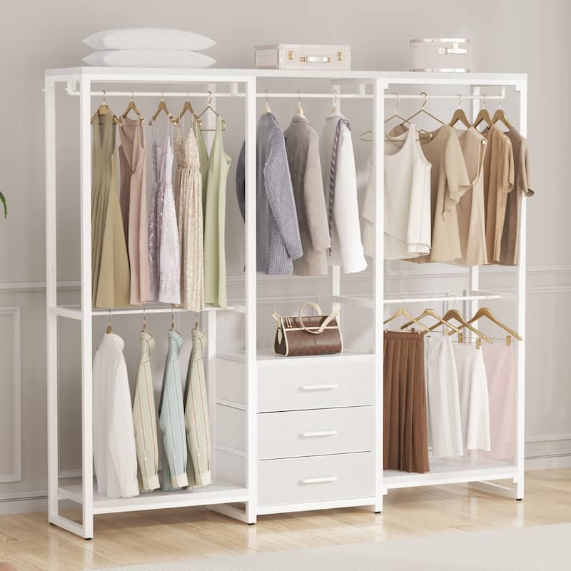 65.6'' Heavy-duty Garment Rack, Freestanding Closet Organizer with Fabric Drawers and 5 hanging Rods - White