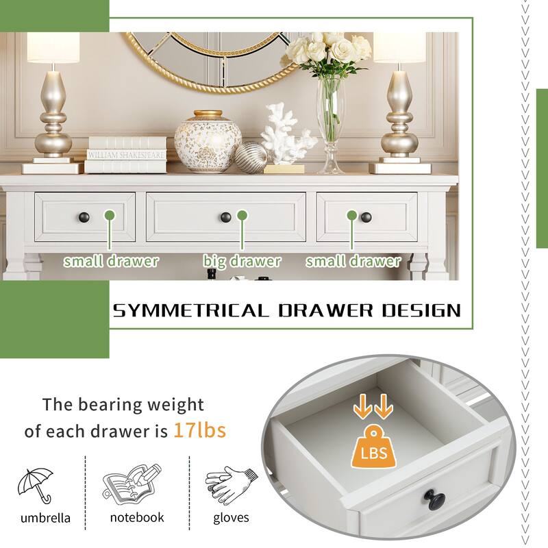 Classic Solid Wood Console Table, Side Table with 3 Top Drawers & Open Bottom Shelf, American Retro Sofa Table Entryway Table