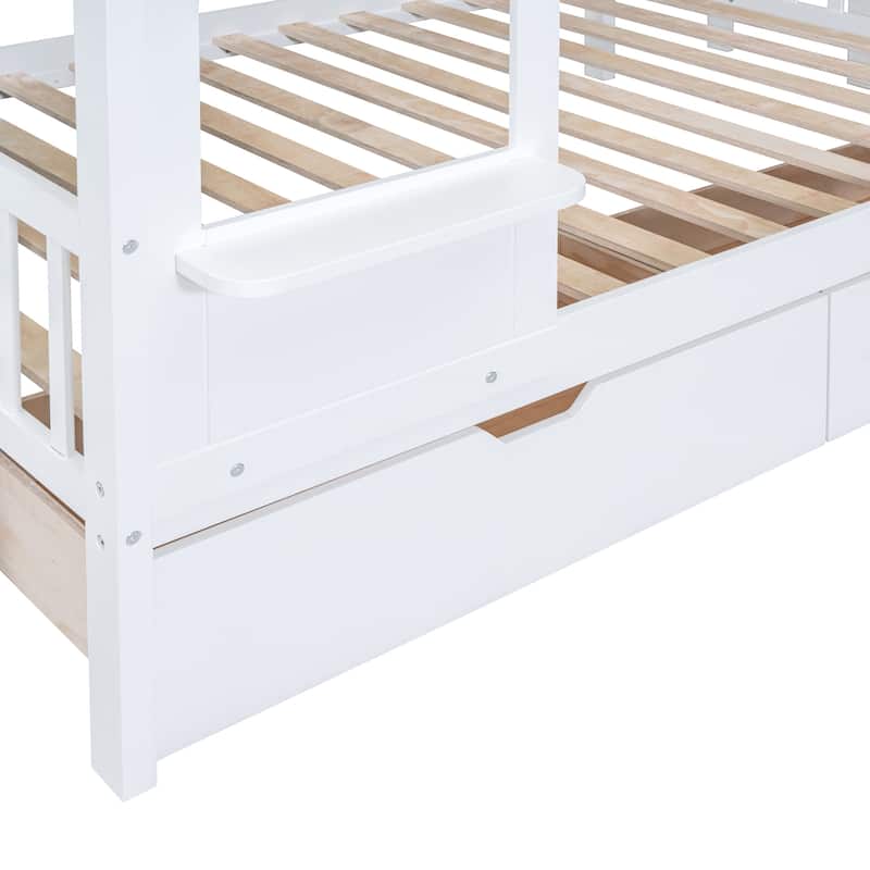 Castle Style Bunk Bed with 2 Drawers 3 Shelves and Slide