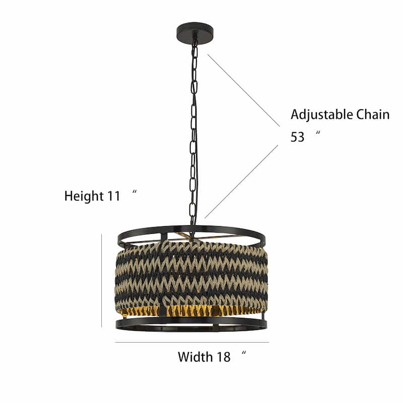 Inca 3-Light Rattan Hemp Drum Pendant, Scandi Coastal Boho - Handwoven - 18" Wide