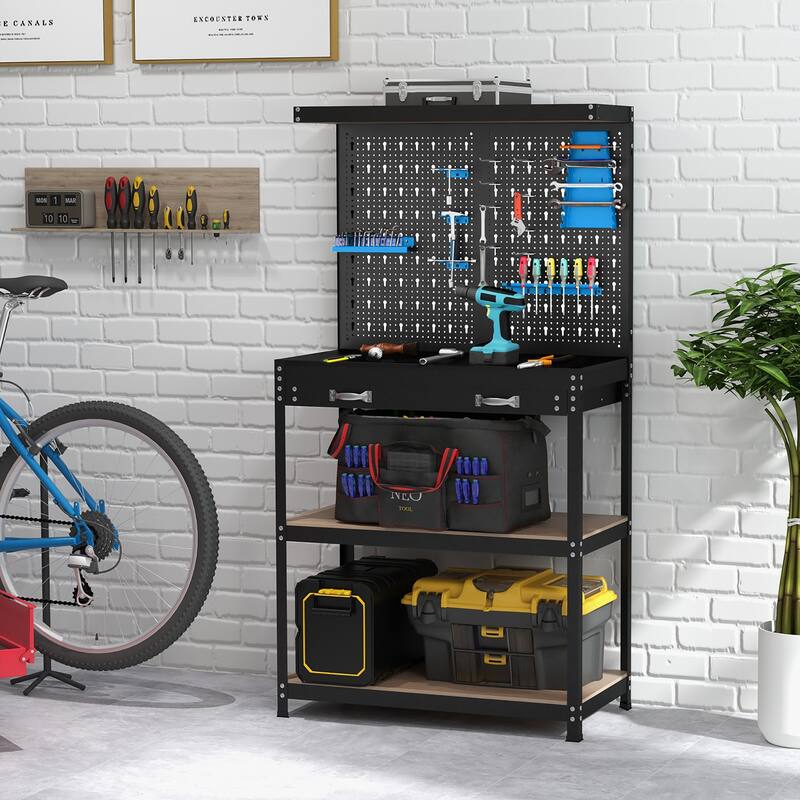 Gymax Multi-use Workbench w/ 2 Shelves Heavy-Duty Work Table Tool