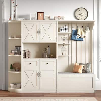 Multifunctional Left-Right Combination Hall Cabinet with Storage and 4 Hooks, Storage Cabinet
