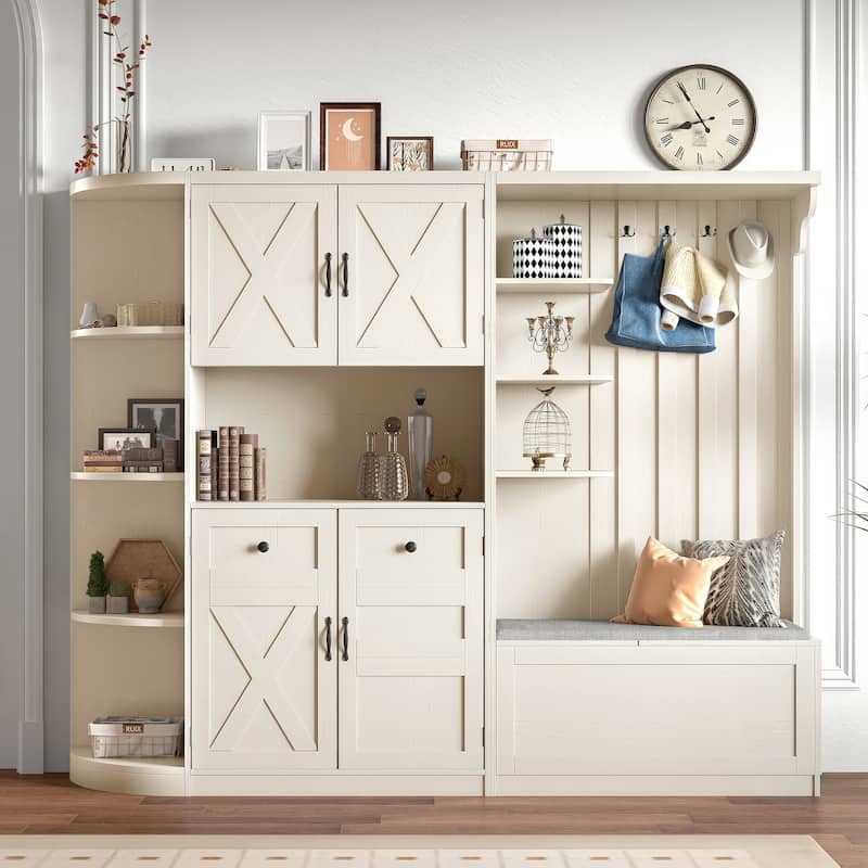 Versatile Left-Right Combination Hall Cabinet with 4 Hooks and Hall Tree 2-in-1, Can Be Used Separately