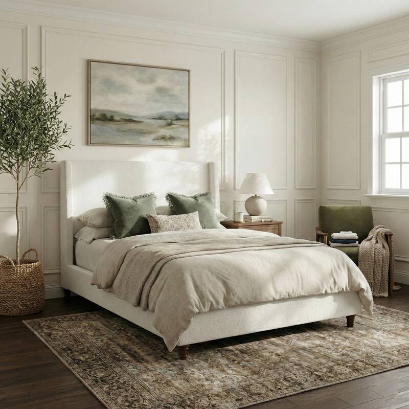 Christopher Knight Home - Modern 52.7" Tall Wingback Boucle Upholstered Platform Bed Frame with Solid Wood Legs & Slat Support