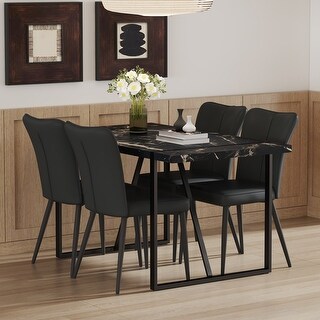 Modern Black Marble Dining Set with 4 Black PU Chairs, Vertical Stripe ...