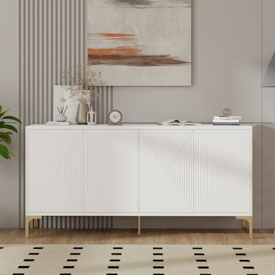 Wood Sideboard Cabinet with Carved Door Panels, 4 Doors modern aesthetic Storage Cabinet with Adjustable Shelves