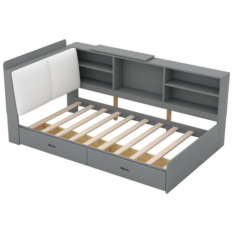 Twin Size Platform Bed with Storage Headboard, Shelves, and 2 Drawers in Gray