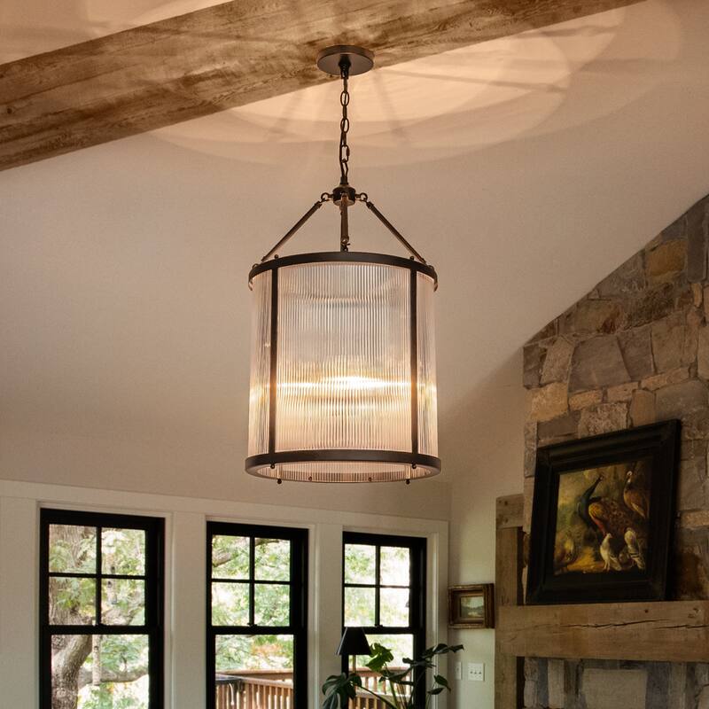 4 - Light Farmhouse Lantern Glass Drum Chandelier for Entryway - Ribbed Glass - Black