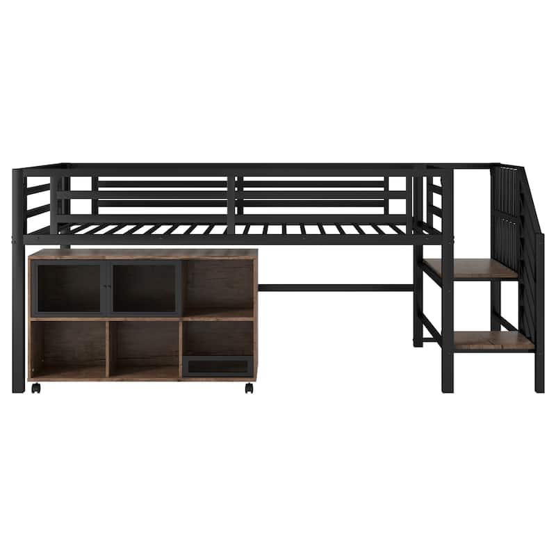 Twin Size Metal Loft Bed with Movable Storage Cabinets, Low Loft Bed Metal Frame Bed with Stairs for Kids