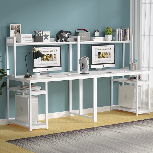 Extra Long Double Computer Desk with Hutch Storage Two Person desk Home