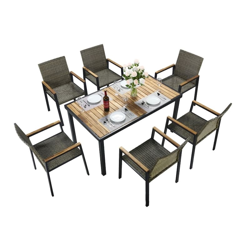 All Weather 7-piece Patio Acacia Wood Dining Sets with Umbrella Hole