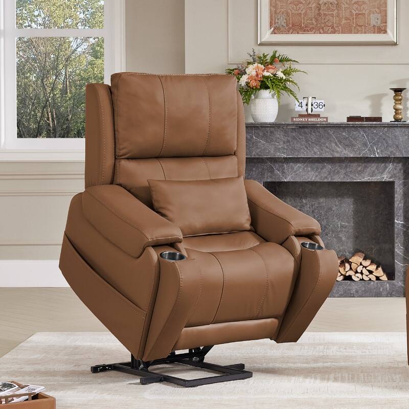 Spruce & Spring Leather Lift Recliner Chair for Elderly with Heat and Massage - Saddle