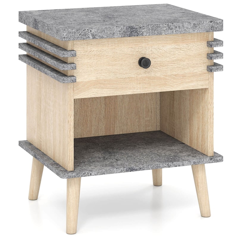 Costway 1/2 PCS 3-Tier Bedside Table with Antique Grey Faux Marble Top