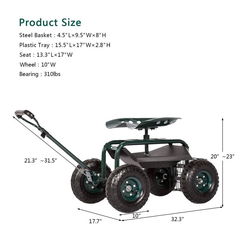 Kinbor Garden Cart Seat with Wheels, Rolling Garden Scooter with 360°Swivel Seat Extendable Steer Handle & Storage Basket