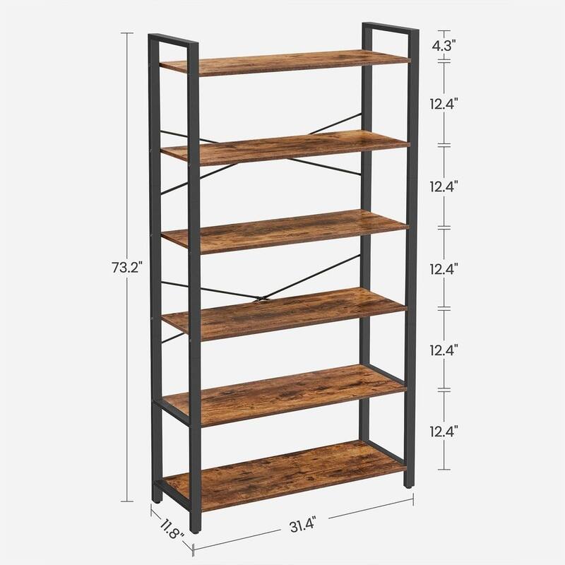 Rustic Brown and Black 6-Tier Industrial Bookshelf with Anti-Tip Kit - 31.5”L x 11.8”W x 73.2”H (80 x 30 x 186 cm)