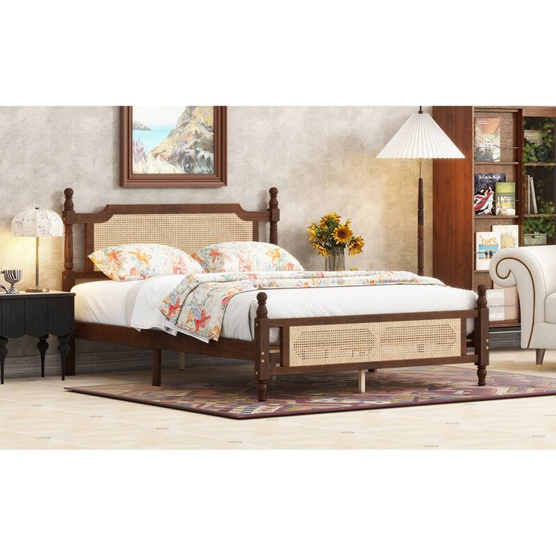 Roomfitters Queen Pine Wood Bed Frame with Rattan Headboard and Footboard, Central Reinforced Platform Support