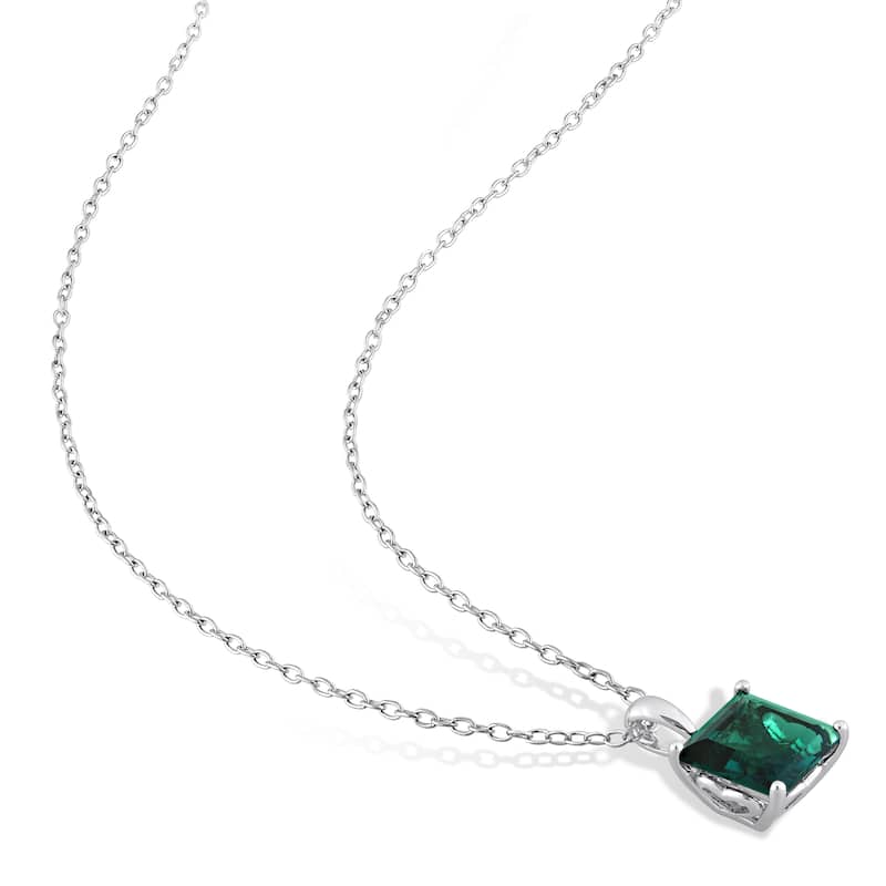 Miadora 7 5/8ct TGW Square Created Emerald Solitaire Necklace and Stud Earrings Set Sterling Silver