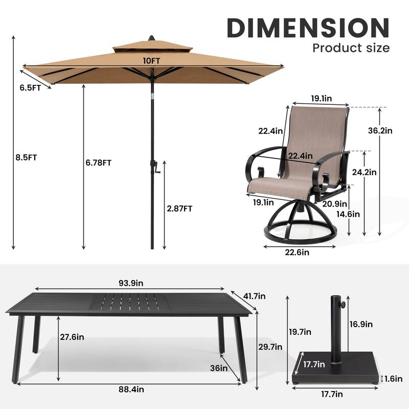 11-Piece Outdoor Patio Dining Set Aluminum Table and Swivel Sunbrella Dining Chairs w/ Umbrella and Base