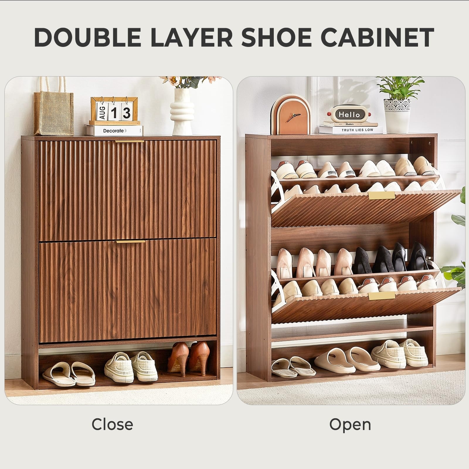 31.5''W Walnut Slim Shoe Cabinet, Fluted Hidden Shoe Storage Cabinet with 2 Flip Drawers