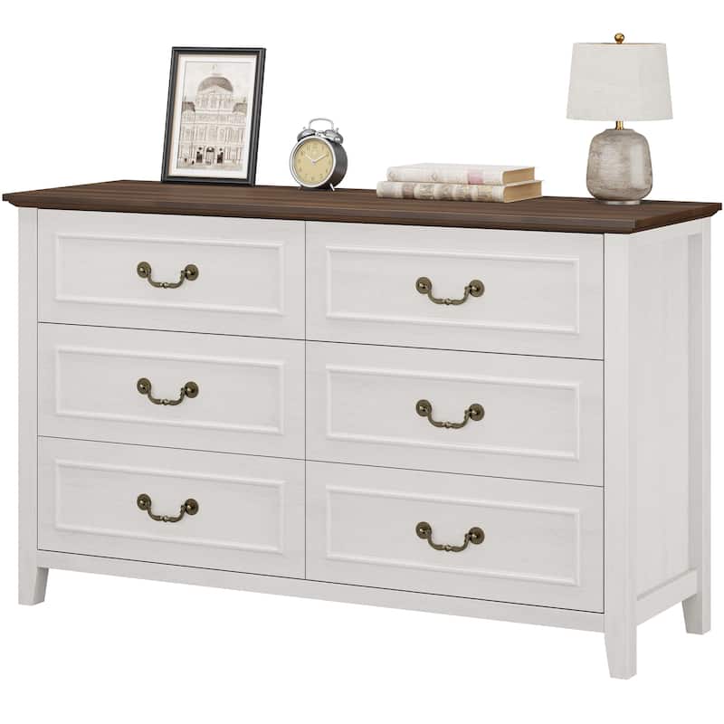 Farmhouse 6 Drawer Dresser for Bedroom, Vintage Dresser with Antique Handles - White
