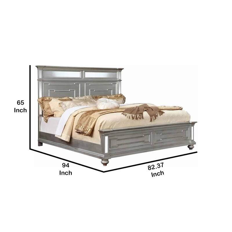 California King Bed with Mirror Paneled Headboard and Footboard, Silver