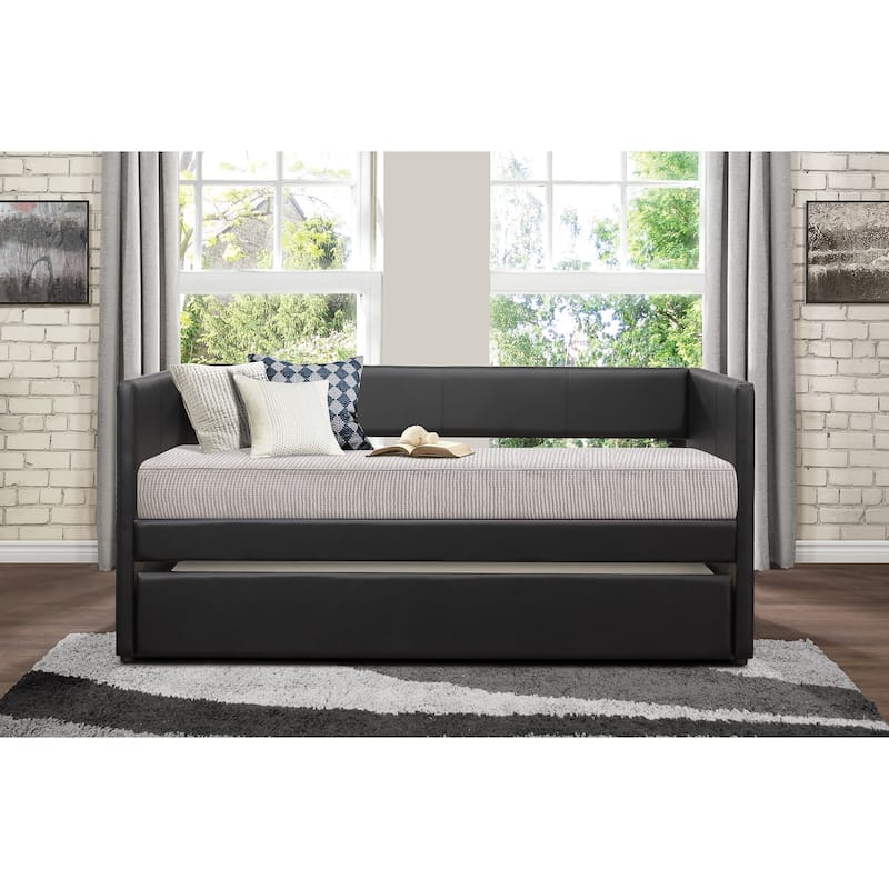 Black Faux Leather Upholstered Contemporary Daybed with Trundle Wooden Furniture 1pc - Black
