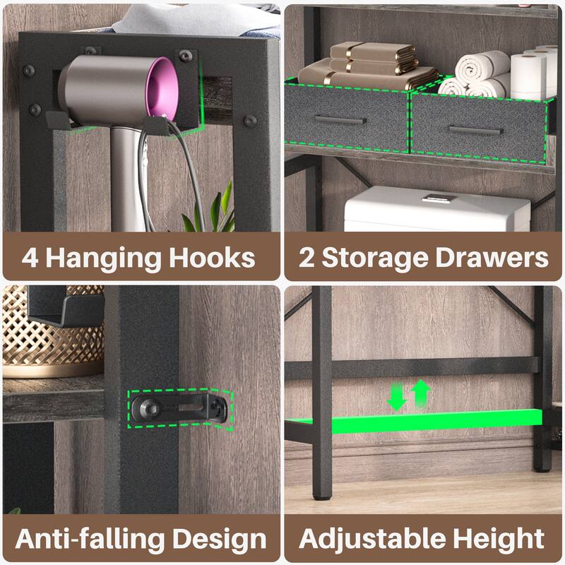 31'' W Over the Toilet Storage Shelf with 2 Drawers and 4 Hooks for Restroom and Laundry