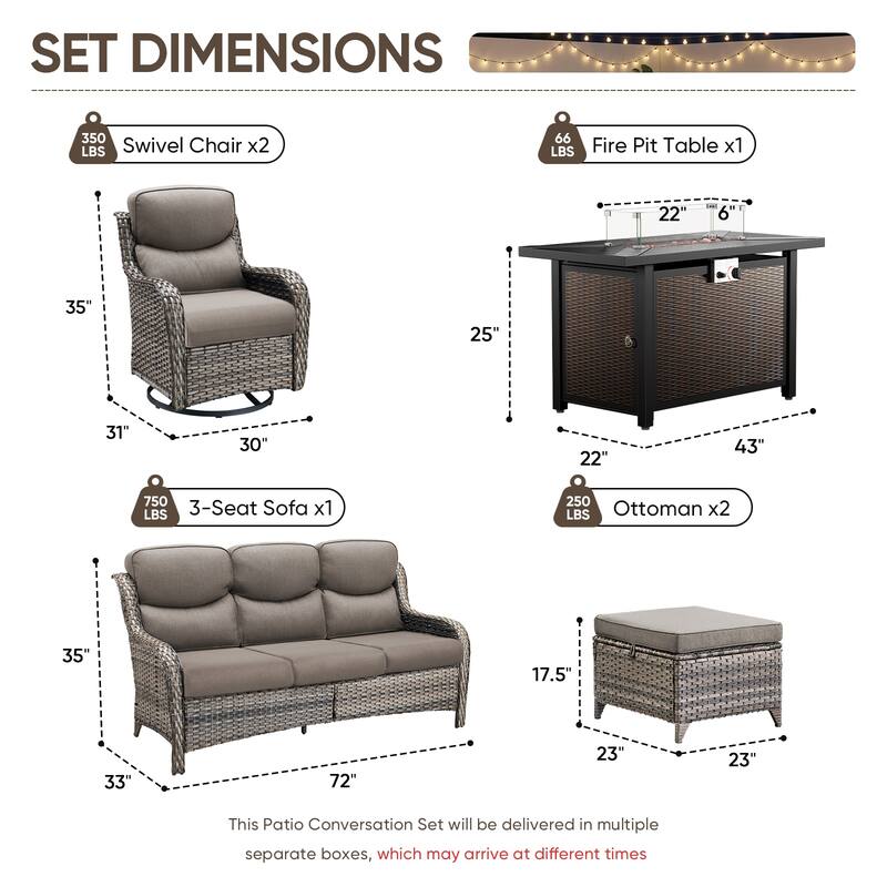 Pocassy 6/7 Piece Patio Sofa Swivel Chair Set with 43" Fire Pit Table