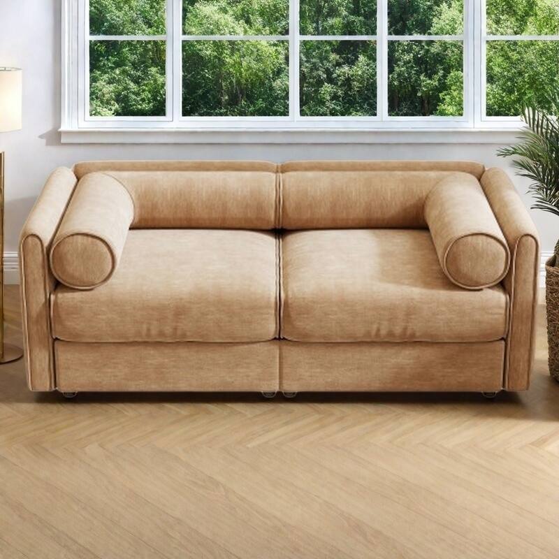 Modern Chenille 6-Seater Sofa with Ottoman Storage, Hidden Storage, Cylindrical Cushioned Arms and Backrest - 2 Seater Camel