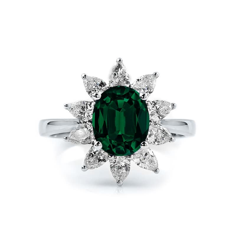 Auriya 1 5/8ct Oval-cut Emerald Sunburst Halo Diamond Engagement Ring 3/4ctw 18K Gold