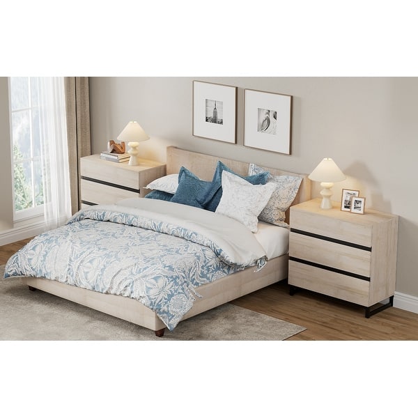 WAMPAT Nightstand with 3 Drawers for Bedroom, Modern Bedside Table with Black Square Iron Leg, Wood Rustic Side Table