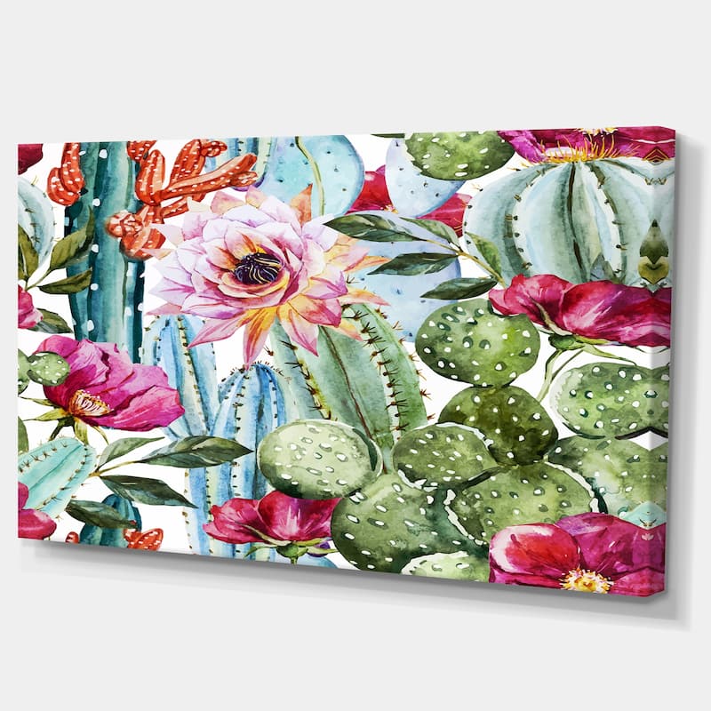 Cactus Pattern Watercolor' Floral Digital Art Canvas Print - Green