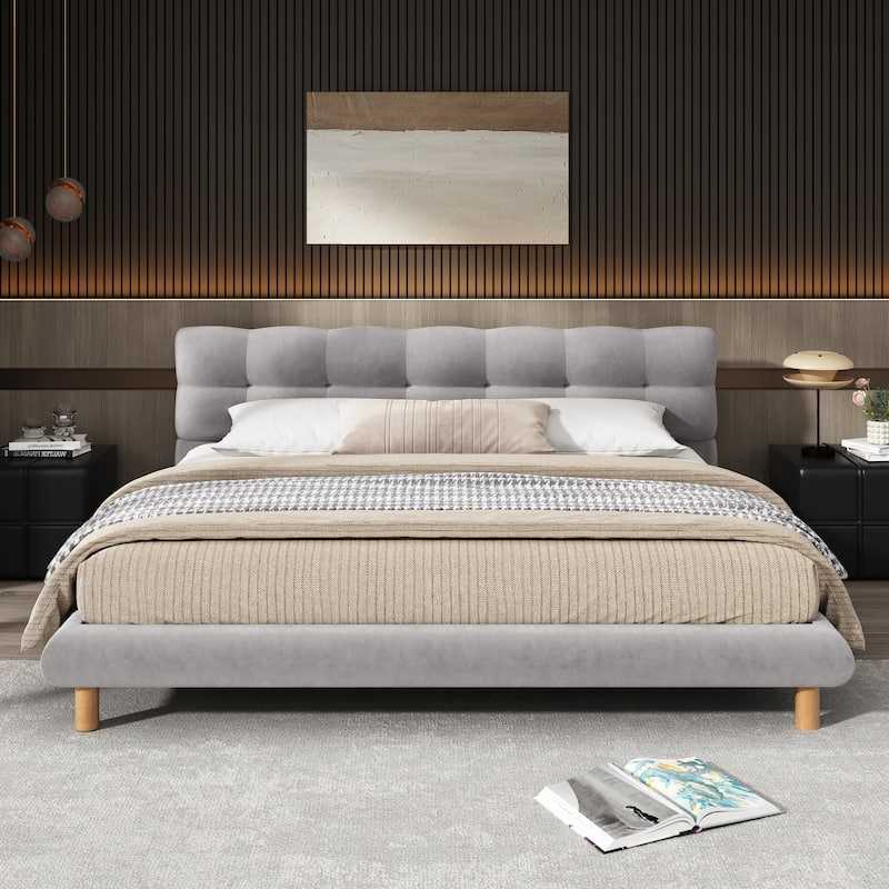 Curved Frame Platform Bed with Cookie-Shape Headboard, Upholstered Bed