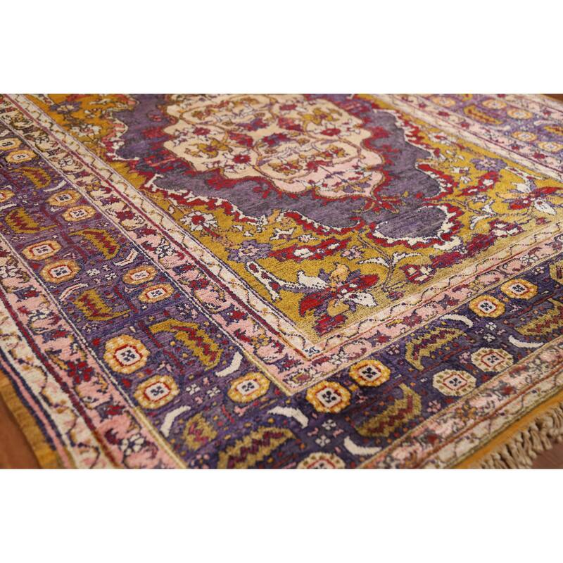 Hand Knotted Oriental Silk Carpet Transitional Medallion Purples Anatolian Area Rug - 5' 2'' X 4' 0''
