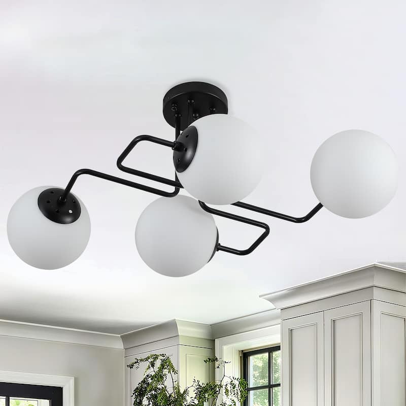 Mid - Century Modern 4 - Light Chandelier, Brass Frame with Glass Globes - W 26.8"