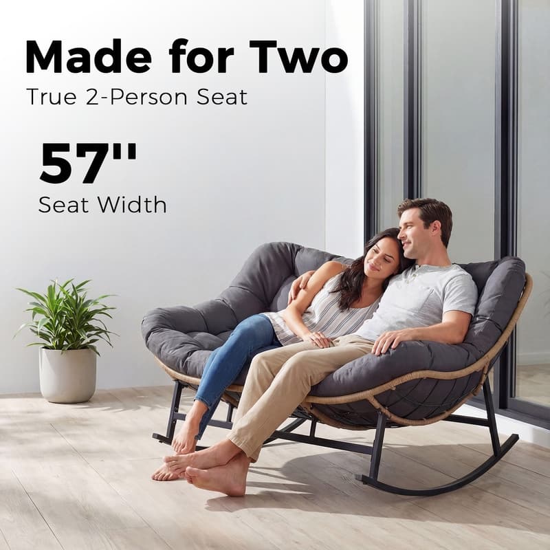 60" Double Papasan Rocking Chair for 2, 700-lb Capacity Wicker Egg Rocker with 5.1" Thick Cushion