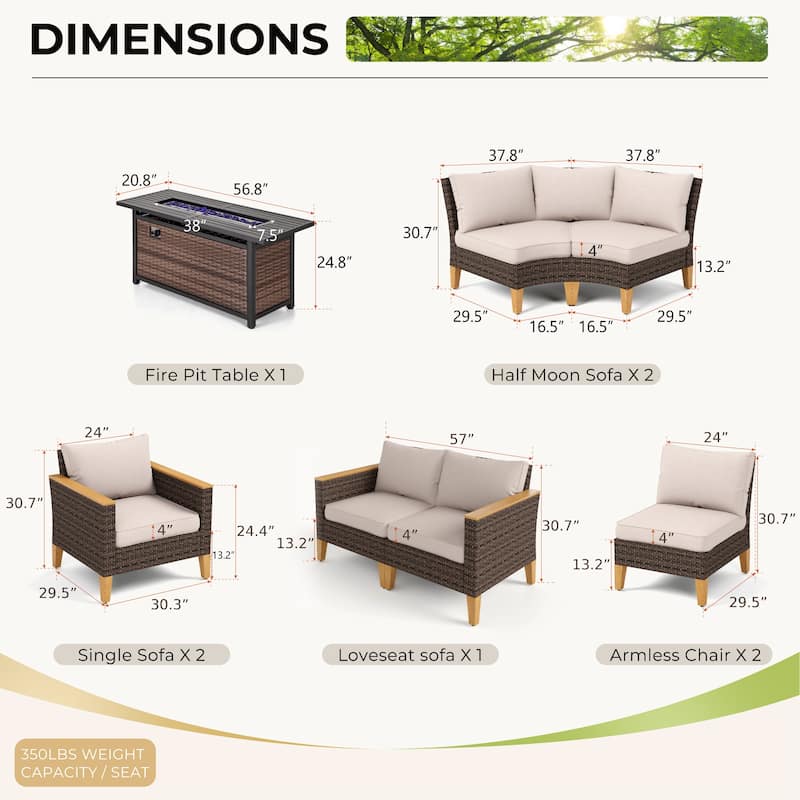 6-11 Piece Patio Outdoor Wicker Sectional Sofa Half-Moon Furniture Set Large Seating Conversation Sets with Fire Pit Table