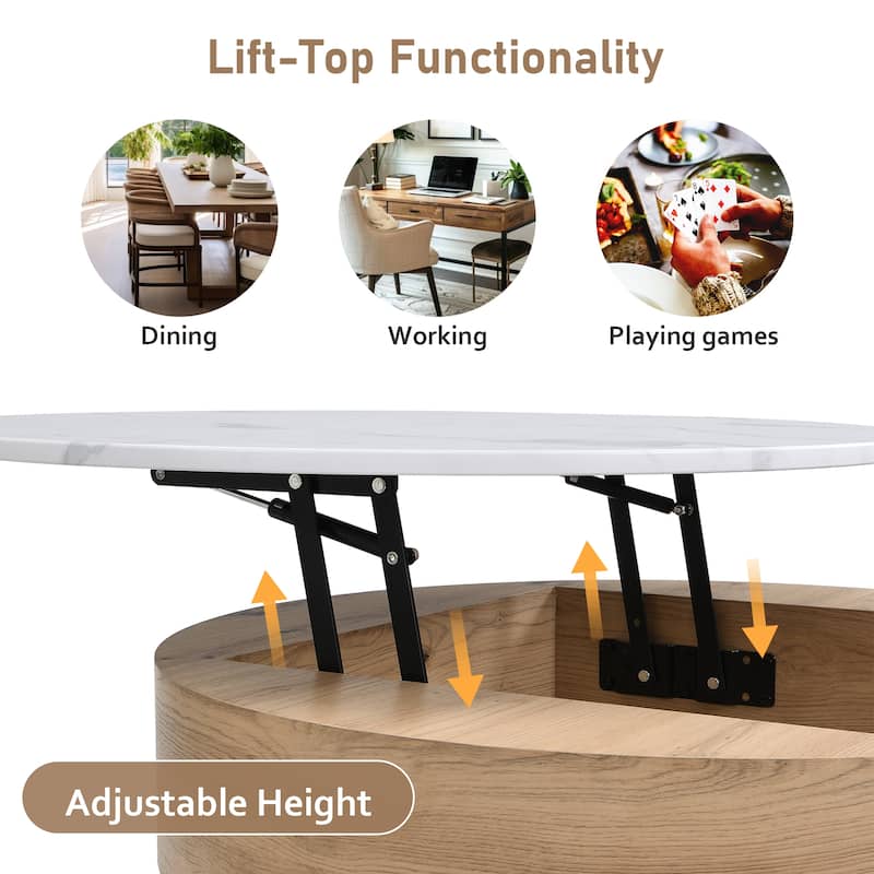 Modern Round Lift-Top Coffee Table with Storage & 3 Ottoman