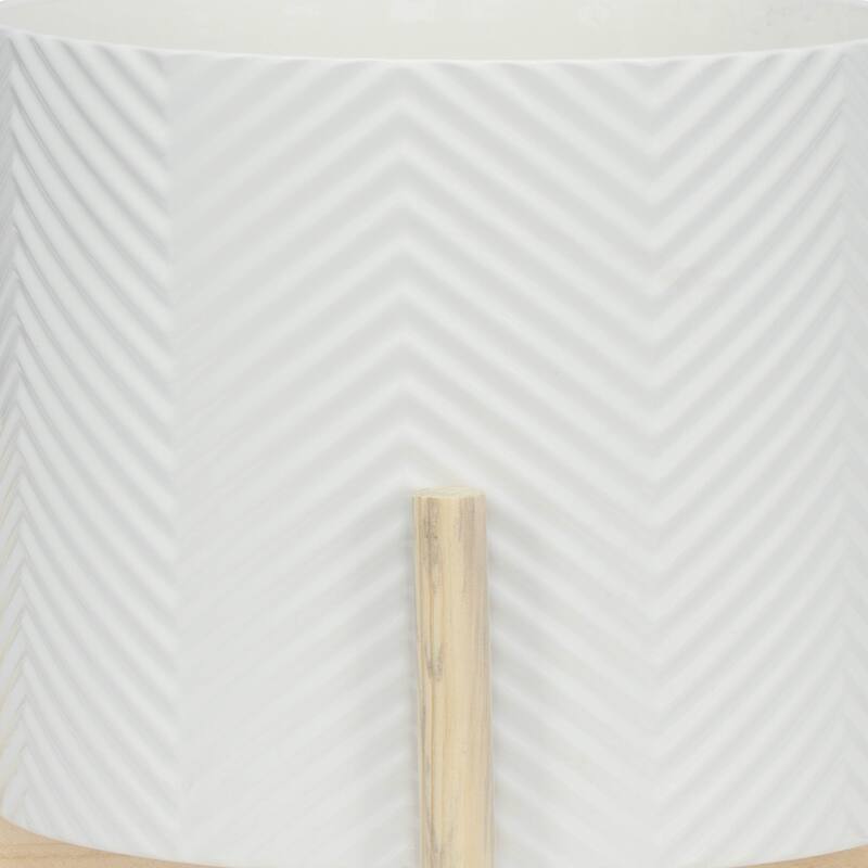 Ceramic Planter Trendy White Planter Elevated on Wooden Stand with Chevron Design For Indoor or Outdoor Plants