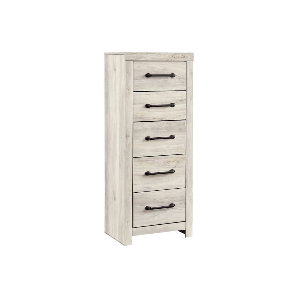 Grained 5 Drawer Wooden Chest with Bar Pull Handles, Distressed White