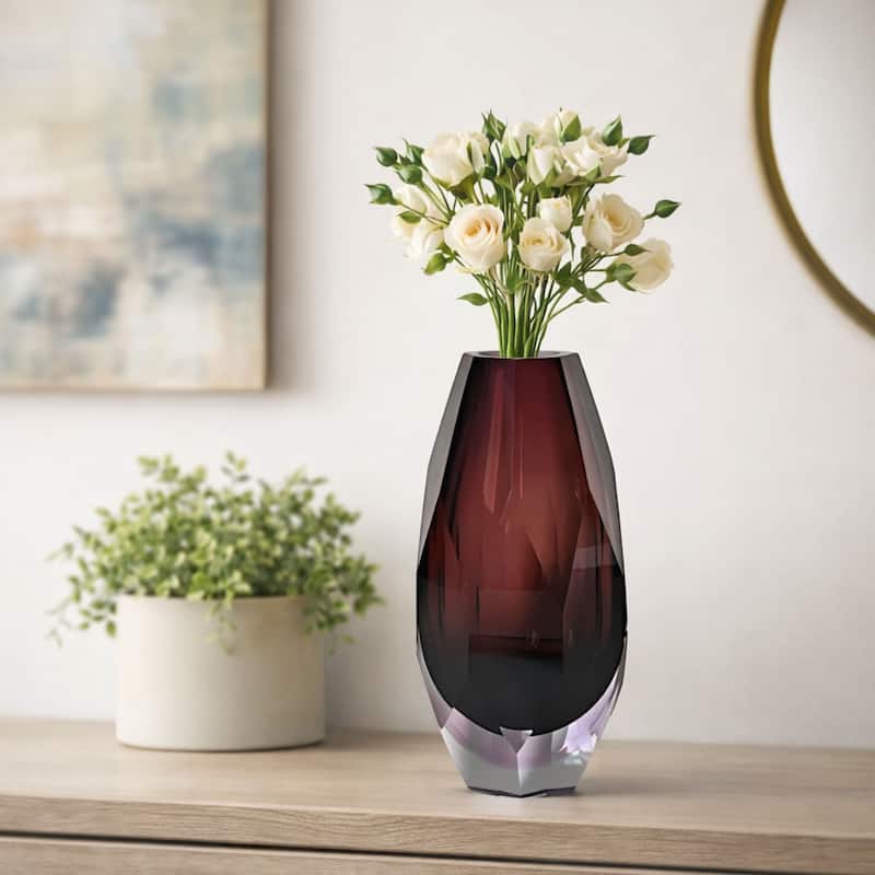 Elegant Plum Cut Glass Vase with Faceted Base Modern Decor Accent Art