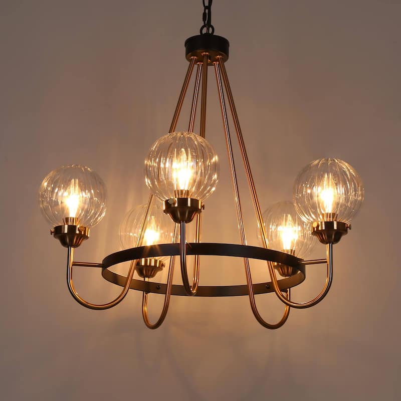Modern 5-Light Black Gold Wagon Wheel Chandelier Glass Pendant Light for Dining Room - 22" D x 21.5" H