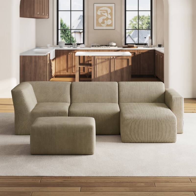 114" W Fully Sponge Molded Modular Sectional Sofa Chaise with Ottoman - Khaki - Right Facing