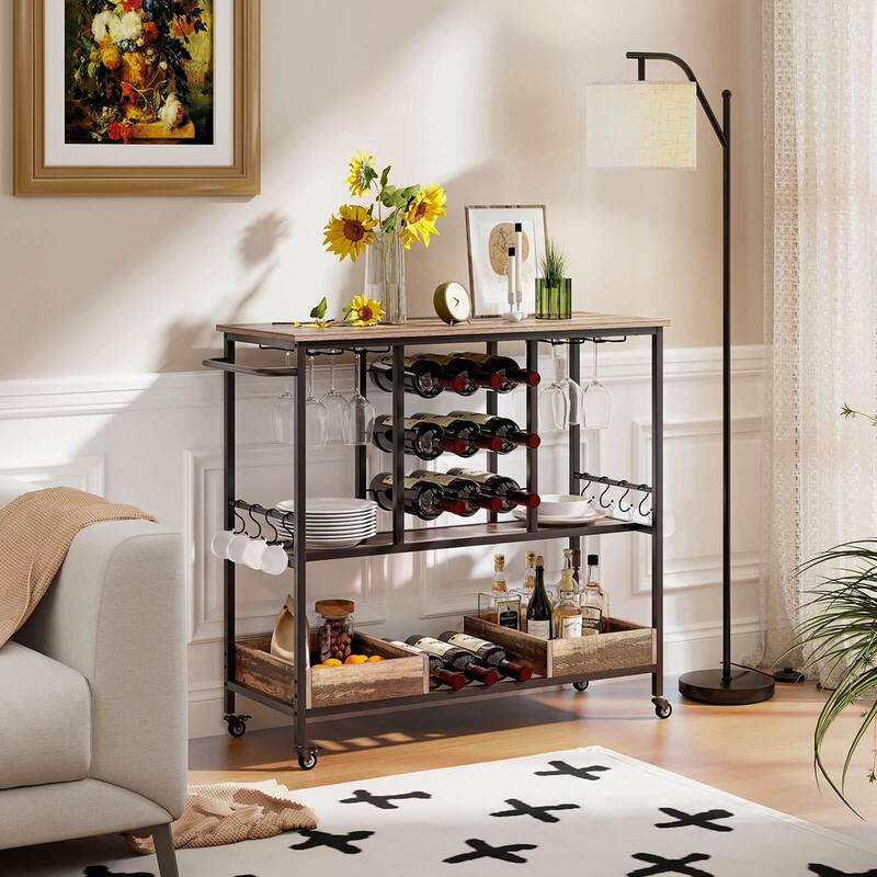 Costway 3 Tiers Bar Cart Home Serving Cart on Wheels with Glass Racks - See Details