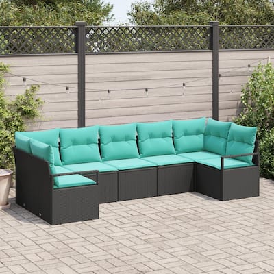 vidaXL 7 Garden Sofa Set with Cushions Black Poly Rattan - 113.8 x 48 x 27.2